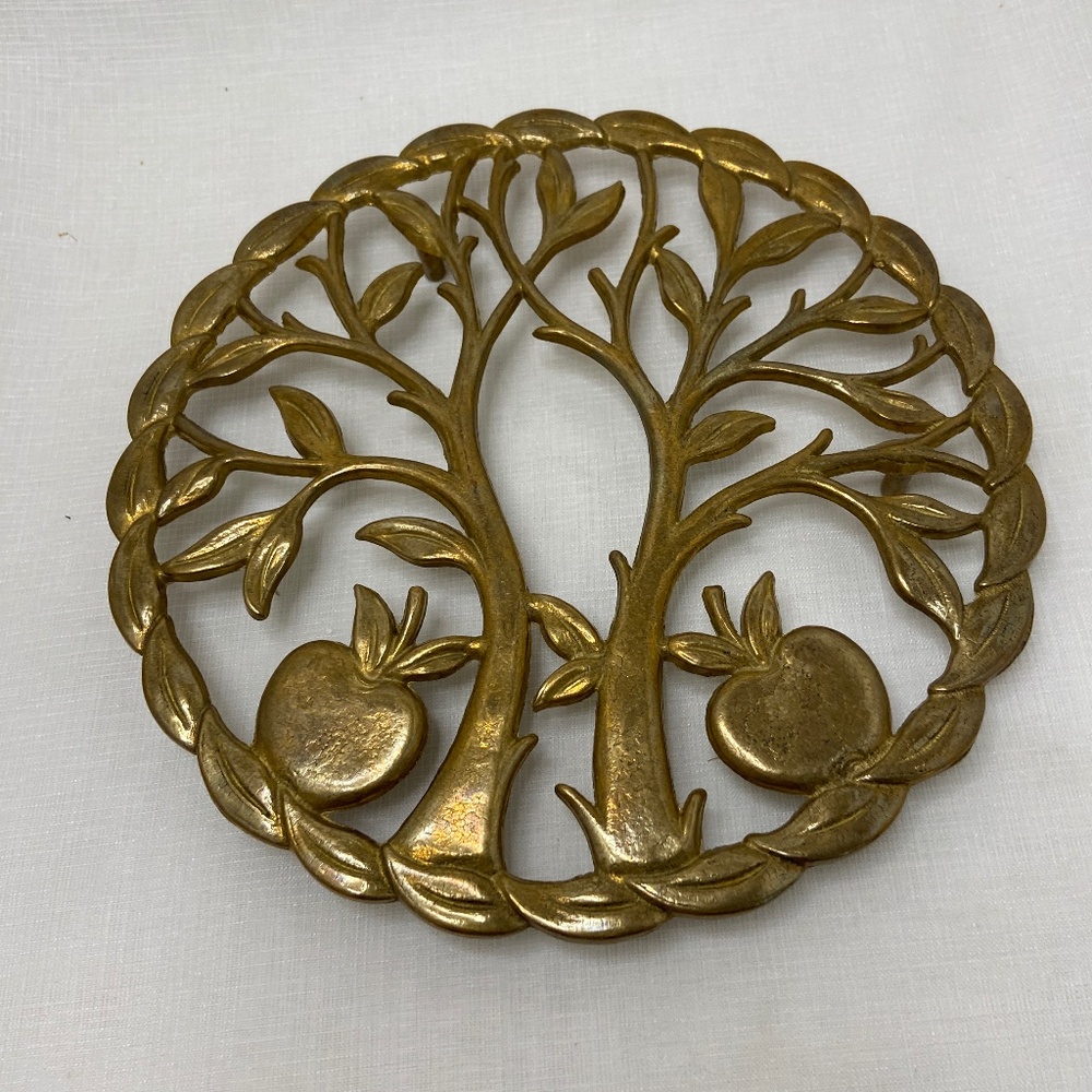 Vintage Brass Apple Tree Trivet Pot Stand Fruit Kitchen Wall Decor